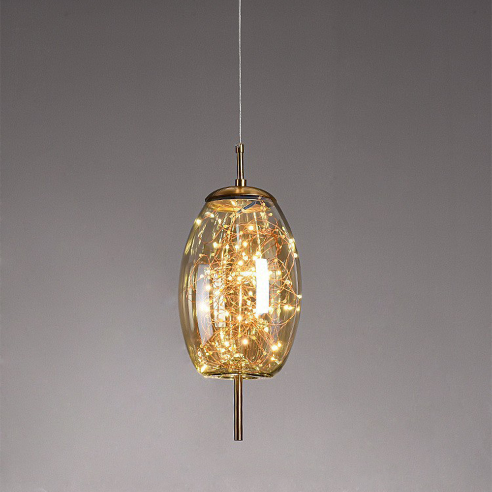 Amber Glass Pendant Light with LED Fairy Lights | Modern Capsule Design