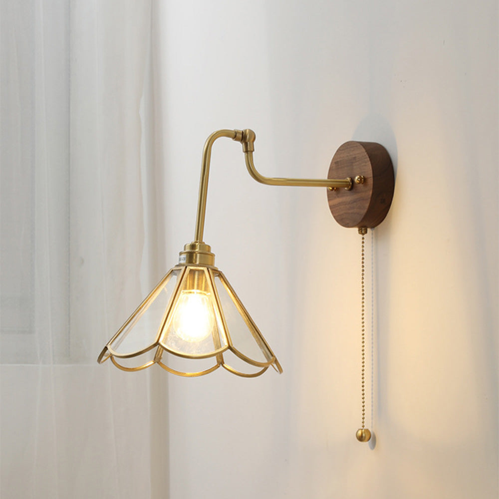 Vintage Brass & Glass Wall Sconce - Art Deco Fluted Shade w/ Pull Chain Switch