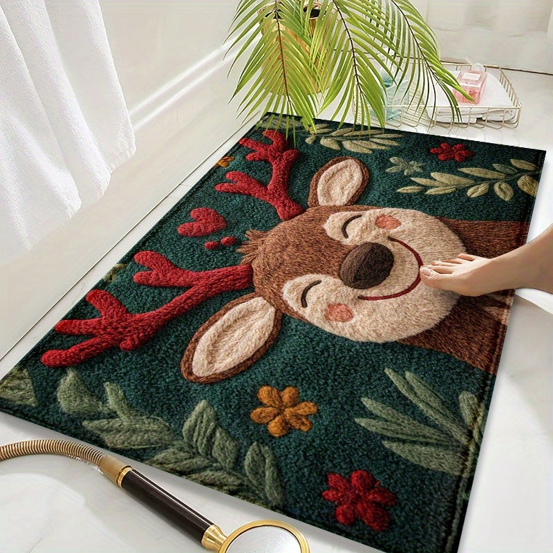Reindeer Christmas Mat – Holiday Bathroom & Doorway Rug, Non-Slip & Washable