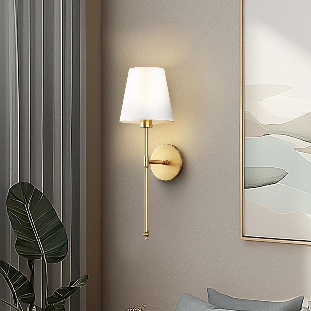 Modern Brass Wireless Wall Sconces with Linen Shade (Set of 2)