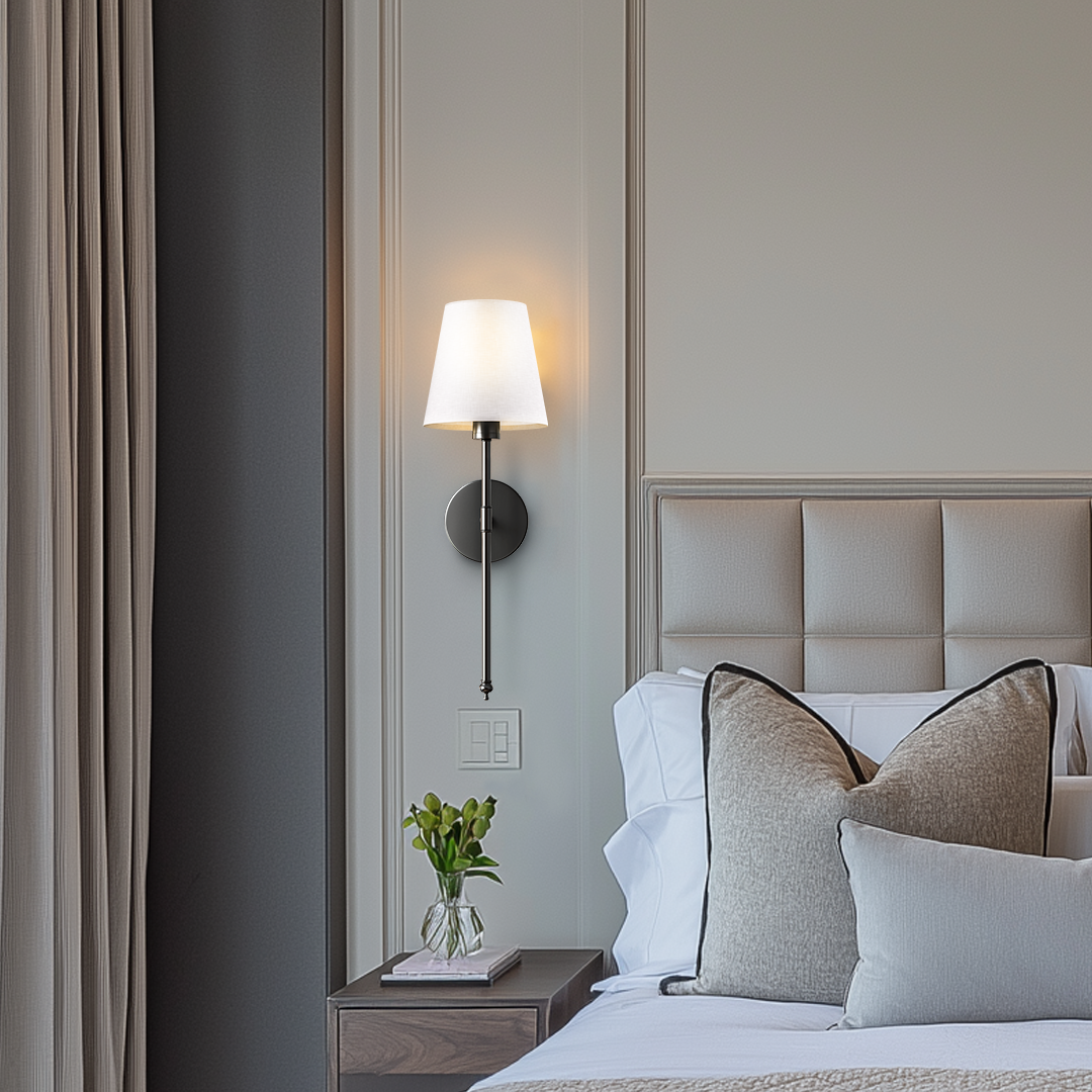 Modern Brass Wireless Wall Sconces with Linen Shade (Set of 2)