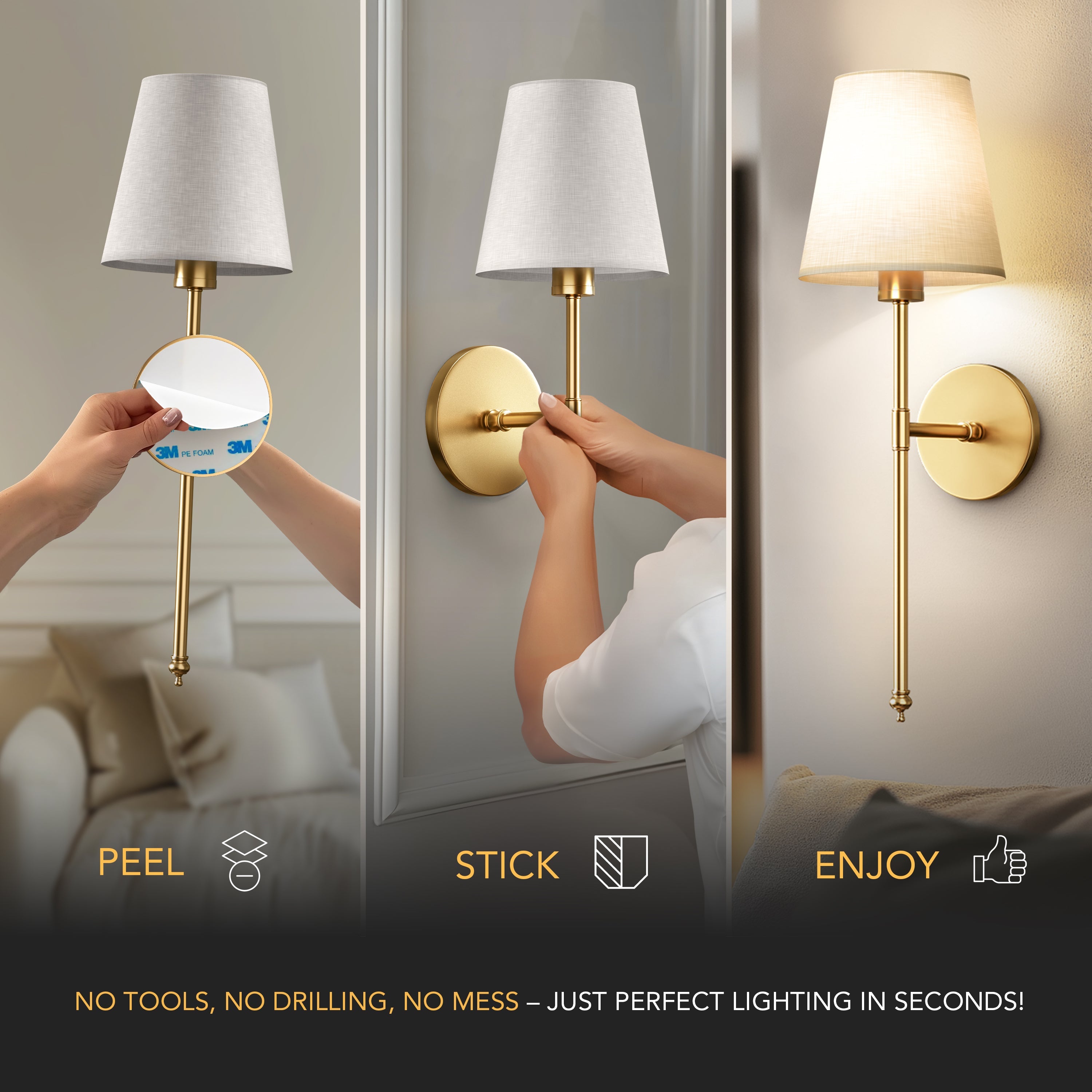 Modern Brass Wireless Wall Sconces with Linen Shade (Set of 2)