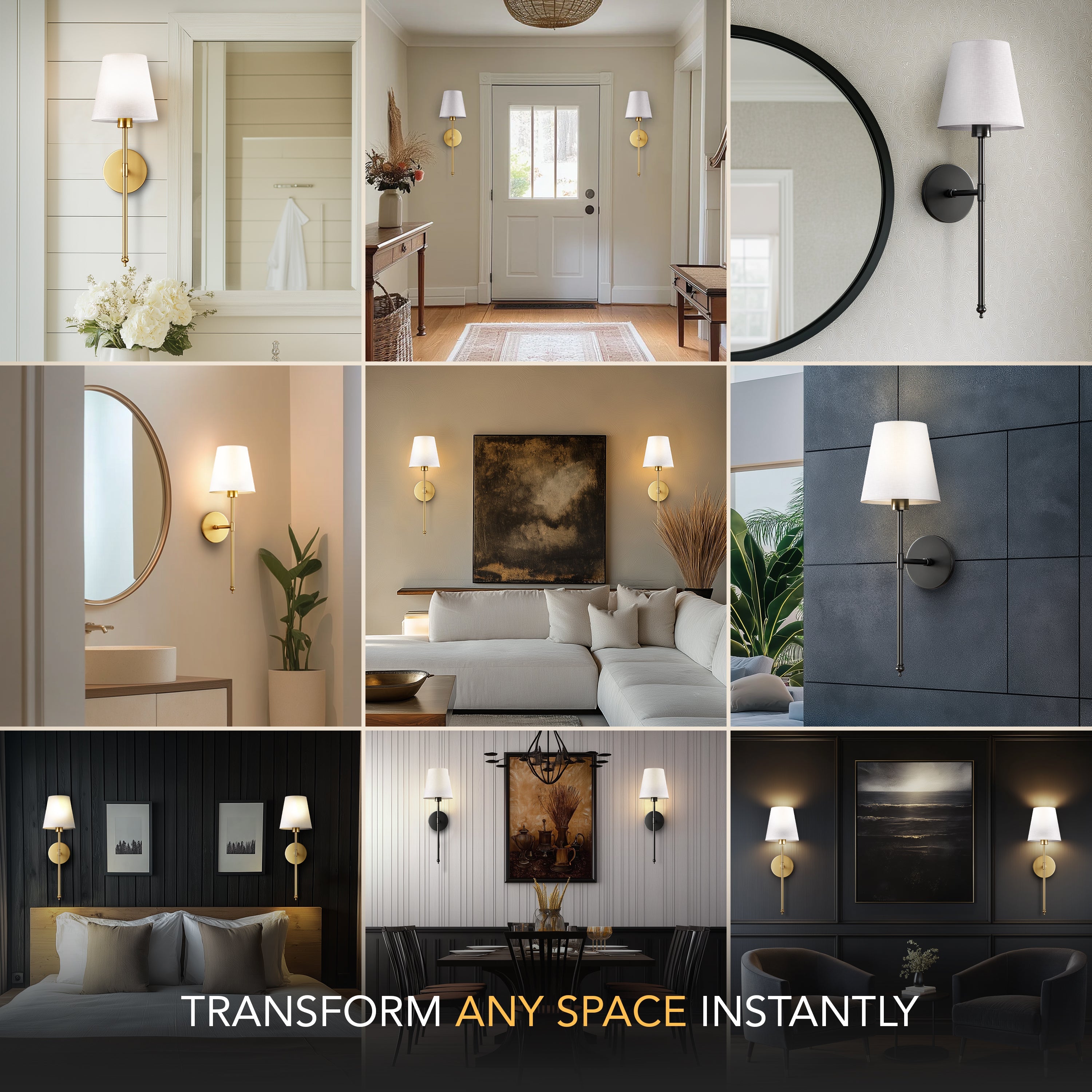 Modern Brass Wireless Wall Sconces with Linen Shade (Set of 2)