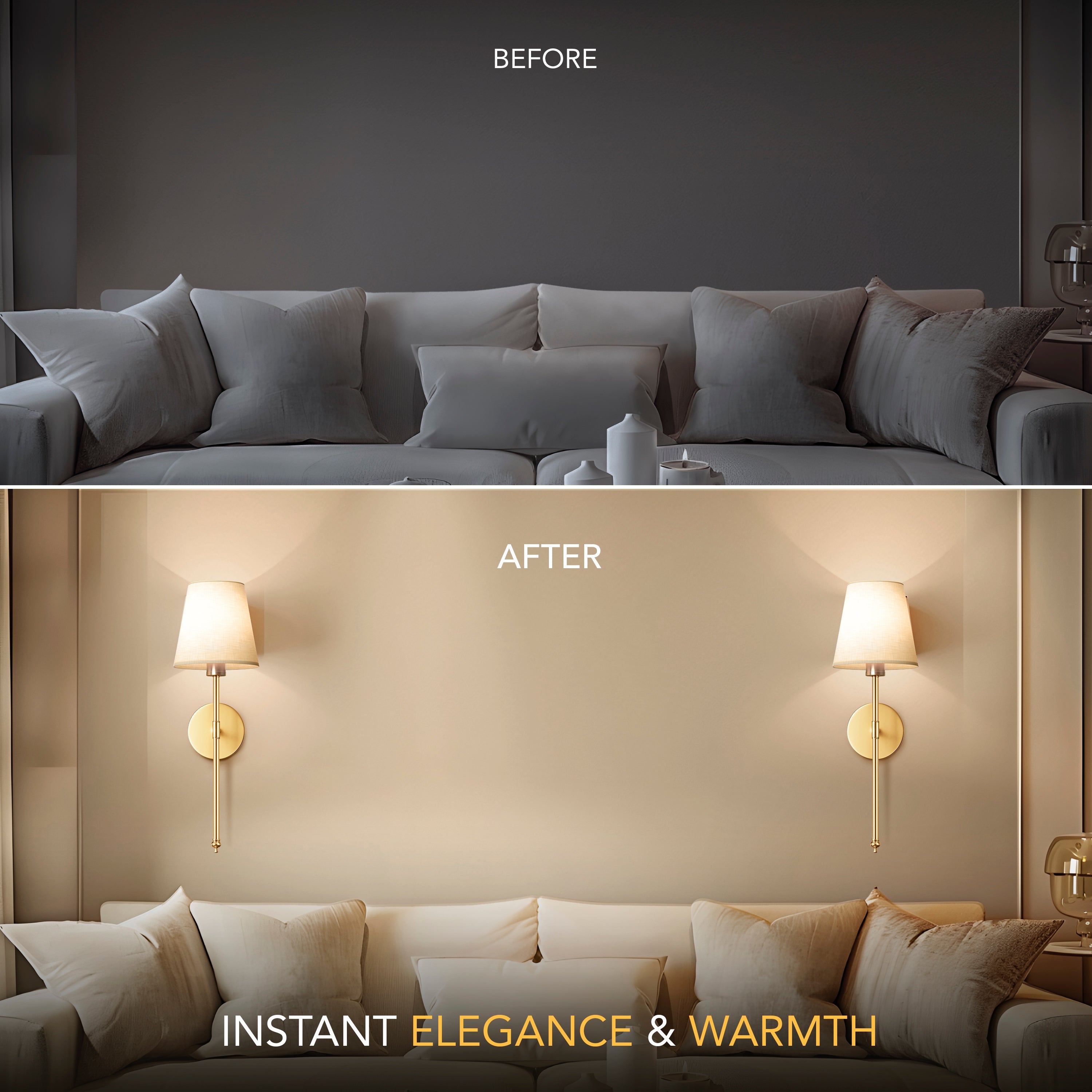 Modern Brass Wireless Wall Sconces with Linen Shade (Set of 2)