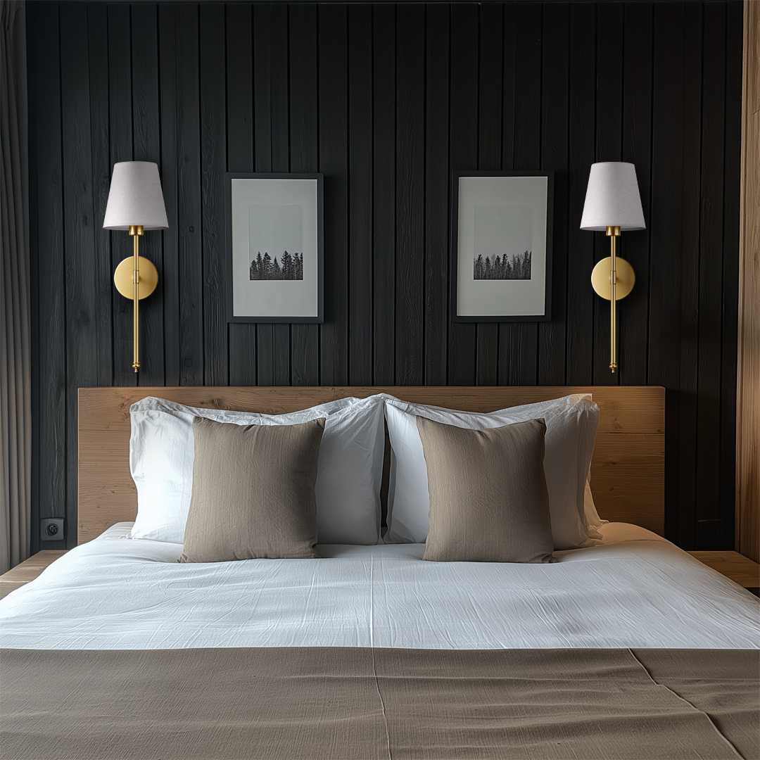 Modern Brass Wireless Wall Sconces with Linen Shade (Set of 2)