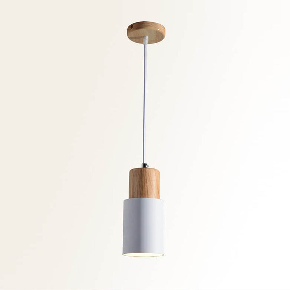 Black Wood Cylinder Pendant Light Modern Single