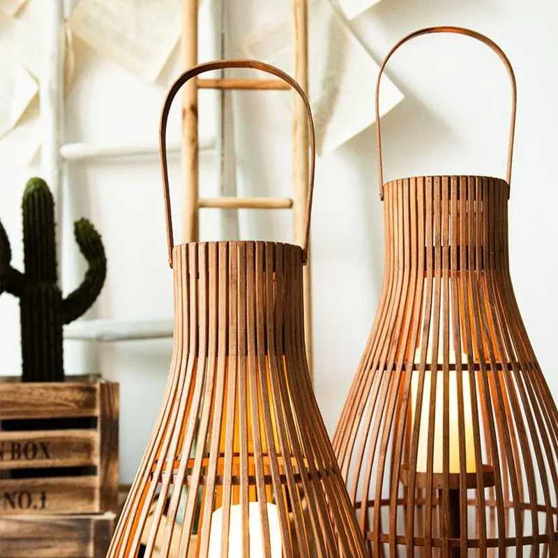 Boho Rattan LED Floor Lantern | Large Flameless Candle Lantern for Living Room
