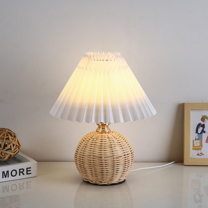 Nordic Rattan Table Lamp | Pleated Fabric Shade LED Bedside Lamp