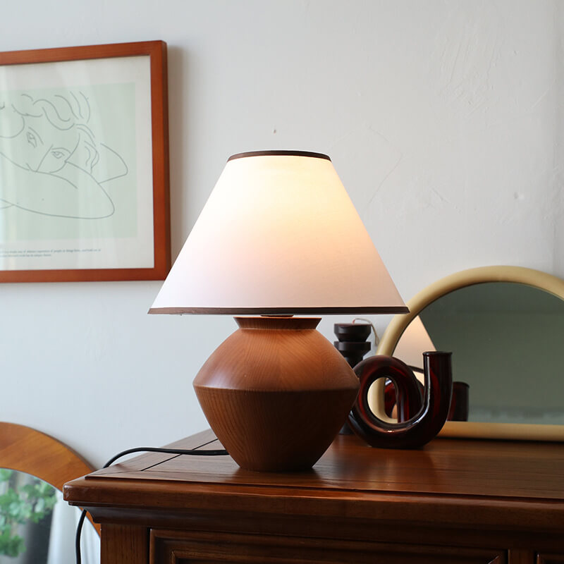 Japanese Wabi-Sabi Wooden Table Lamp | Vintage Fabric Shade Bedside Light