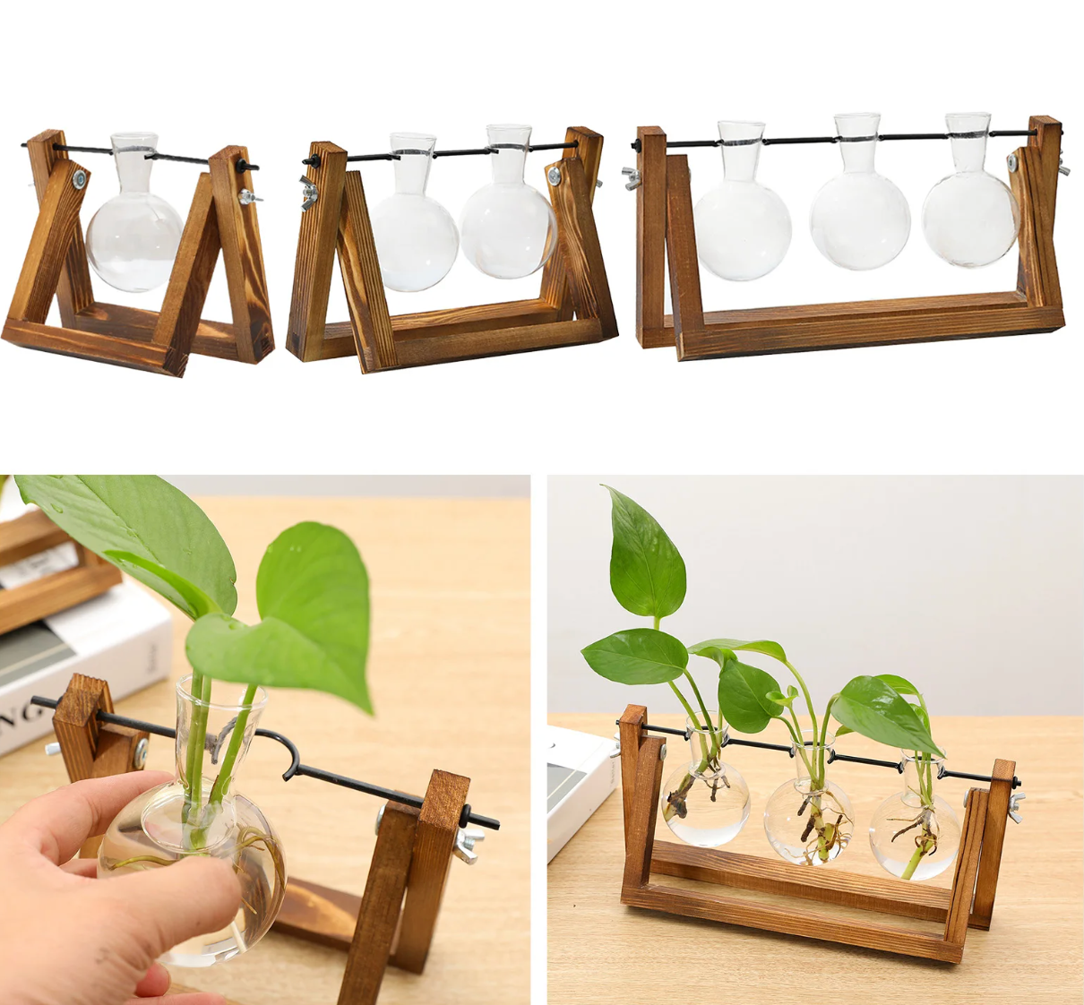 Plant Propagation Station with Glass Bulb Vases | Wooden Hydroponic Stand