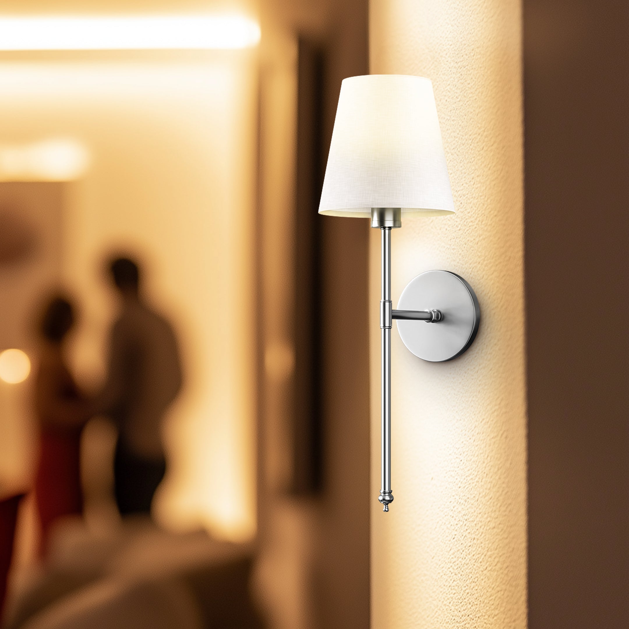 Modern Brass Wireless Wall Sconces with Linen Shade (Set of 2)