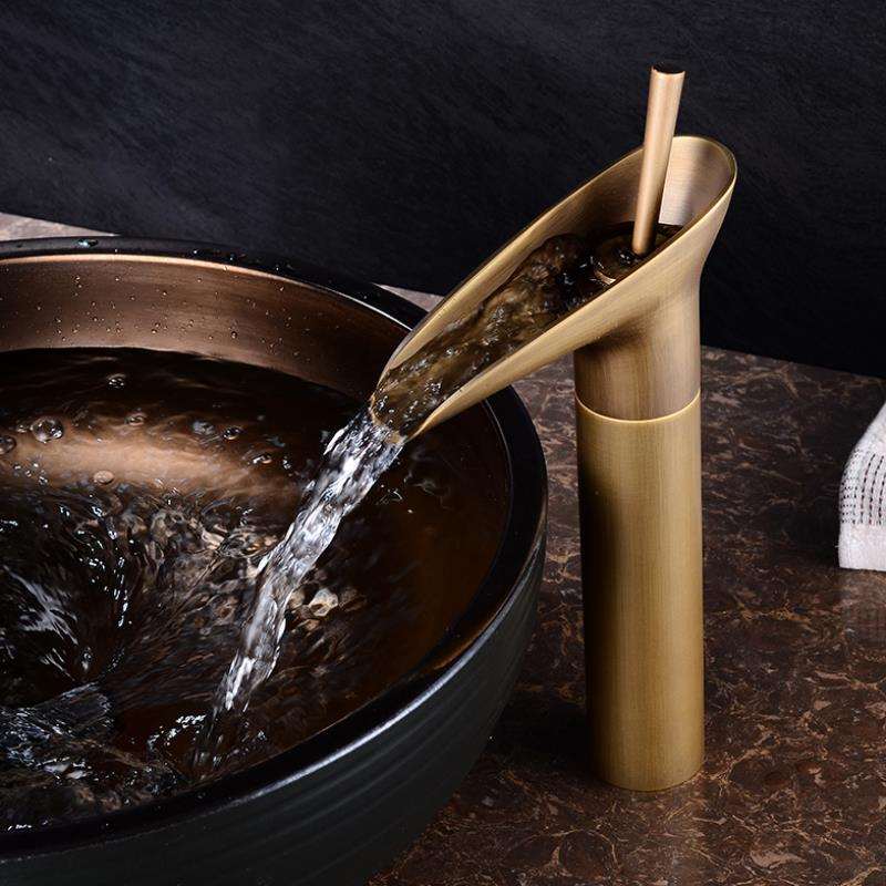Antique Brass Waterfall Faucet - Single Handle Bathroom Vessel Sink Mixer Tap