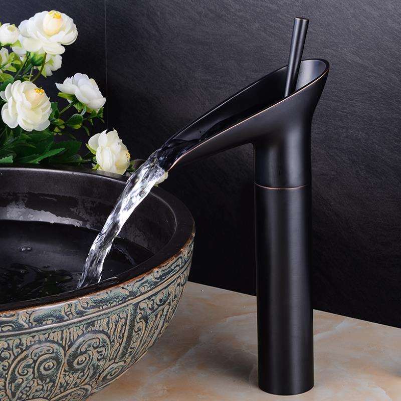 Antique Brass Waterfall Faucet - Single Handle Bathroom Vessel Sink Mixer Tap