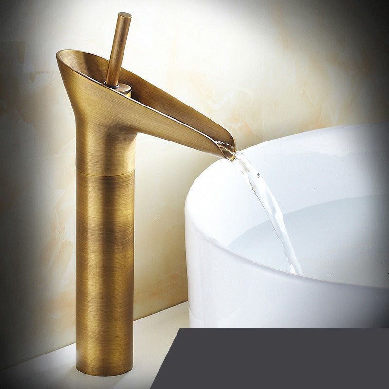 Antique Brass Waterfall Faucet - Single Handle Bathroom Vessel Sink Mixer Tap