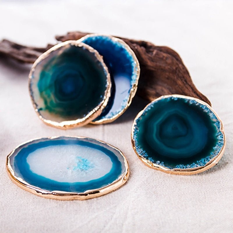 Luxury Blue Agate Coaster Set of 2 | Natural Crystal Stone Coasters with Gold Edge