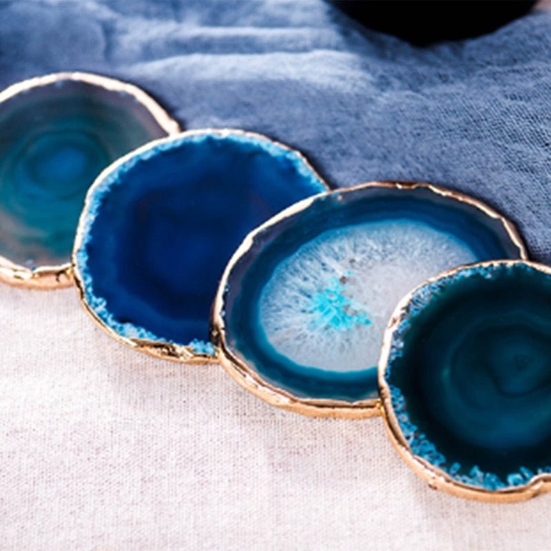 Luxury Blue Agate Coaster Set of 2 | Natural Crystal Stone Coasters with Gold Edge