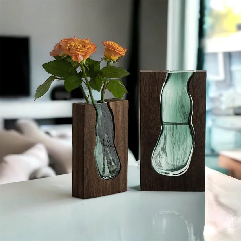 Nordic Wood & Glass Live Edge Vase | Modern Decorative Flower Vase for Living Room & Home Décor