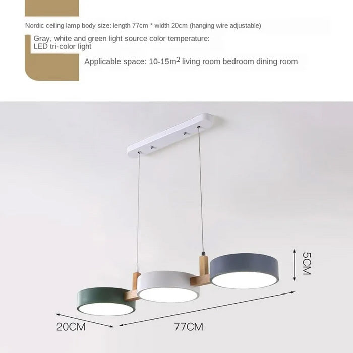 3-Light Modern Linear Pendant Fixture | Matte Gray Shades & Wood Accents