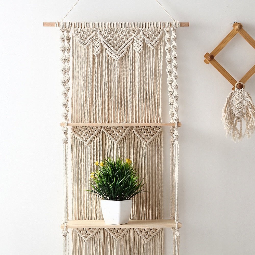 Boho Macrame Hanging Wall Shelf - Rustic Wood Floating Decor