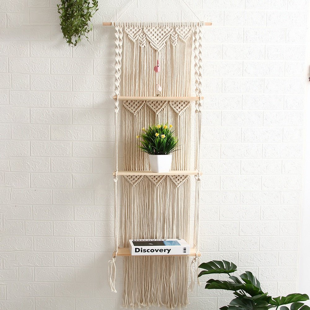 Boho Macrame Hanging Wall Shelf - Rustic Wood Floating Decor