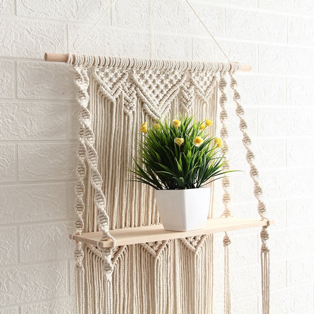 Boho Macrame Hanging Wall Shelf - Rustic Wood Floating Decor