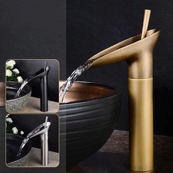 Antique Brass Waterfall Faucet - Single Handle Bathroom Vessel Sink Mixer Tap