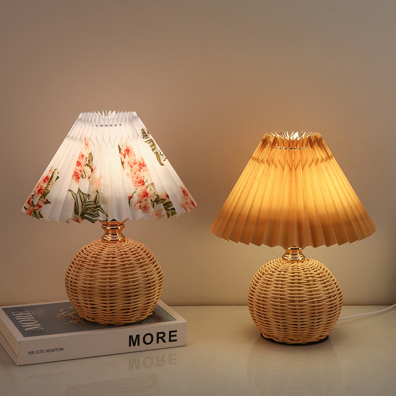 Nordic Rattan Table Lamp | Pleated Fabric Shade LED Bedside Lamp