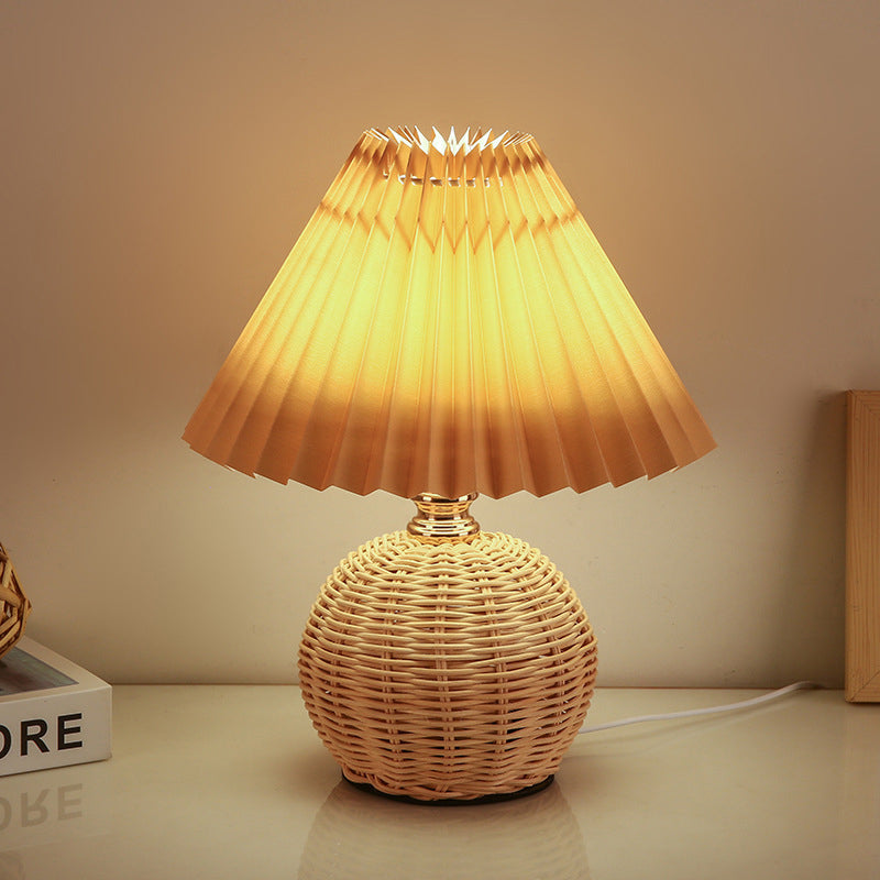 Nordic Rattan Table Lamp | Pleated Fabric Shade LED Bedside Lamp