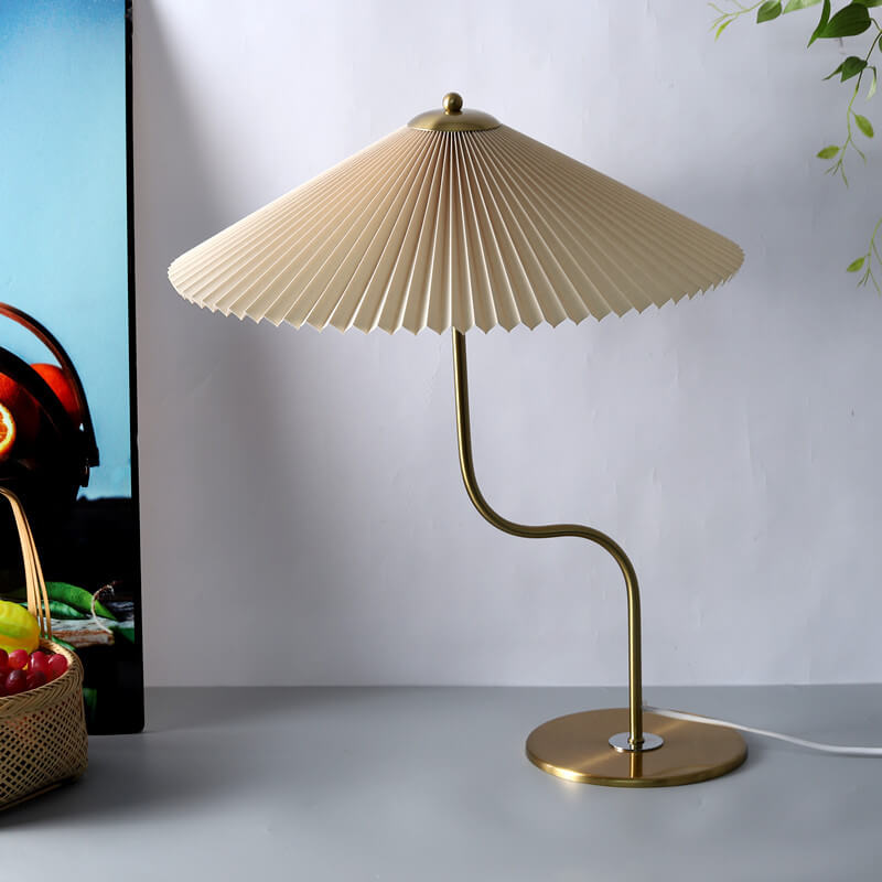 Retro Pleated Table Lamp with Umbrella Shade | Vintage Brass Decorative Desk Lamp for Bedroom & Living Room