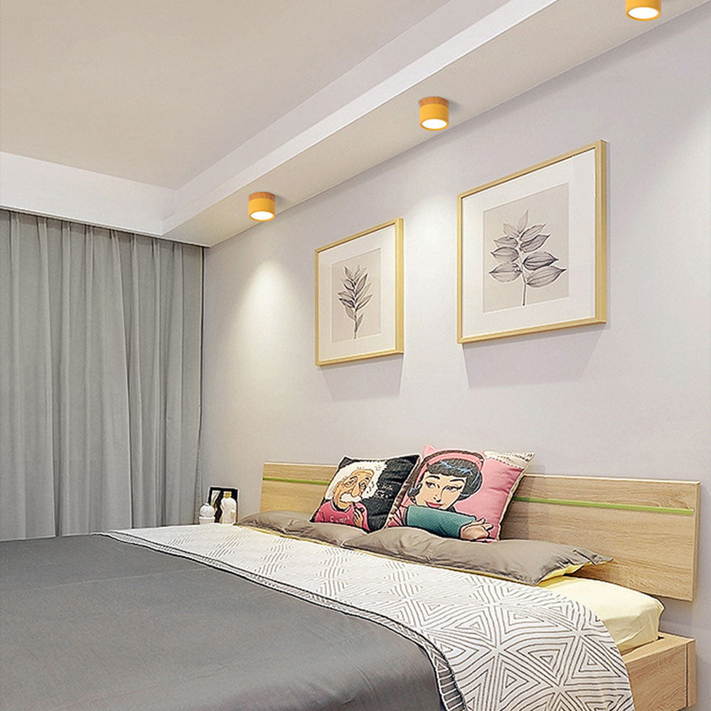 Modern Flush Mount Ceiling Light with Natural Wood Trim