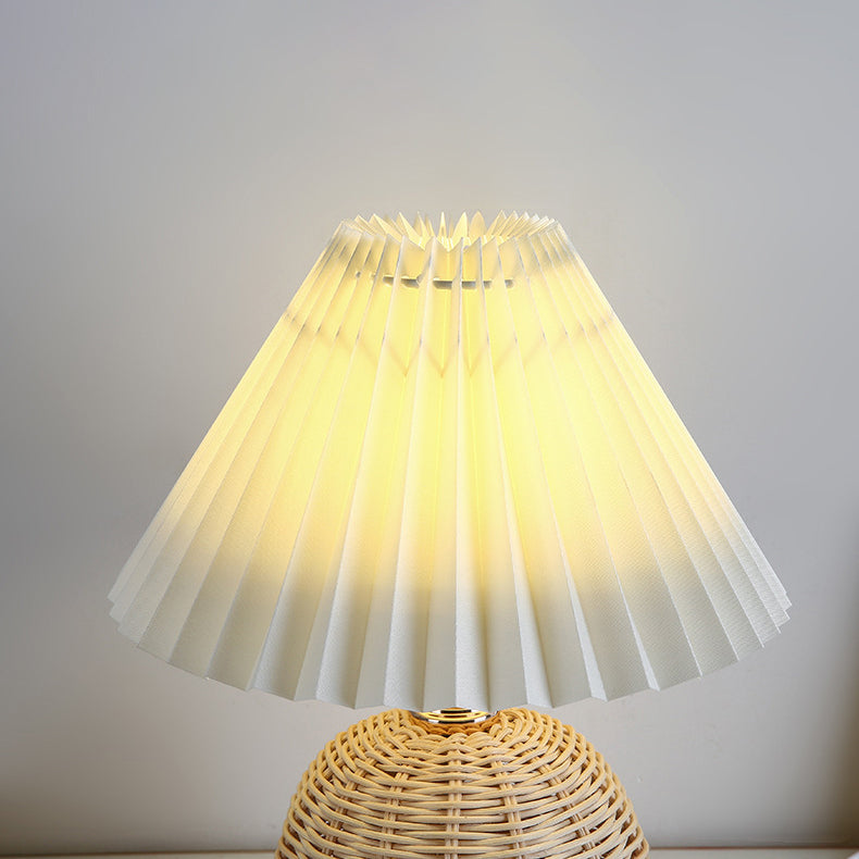 Nordic Rattan Table Lamp | Pleated Fabric Shade LED Bedside Lamp