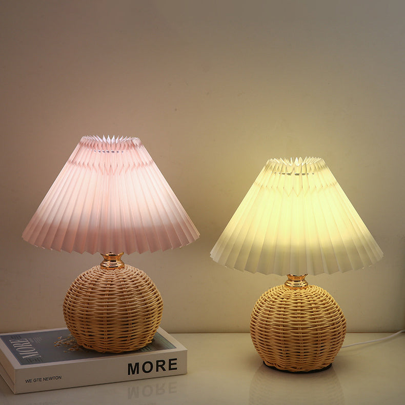 Nordic Rattan Table Lamp | Pleated Fabric Shade LED Bedside Lamp