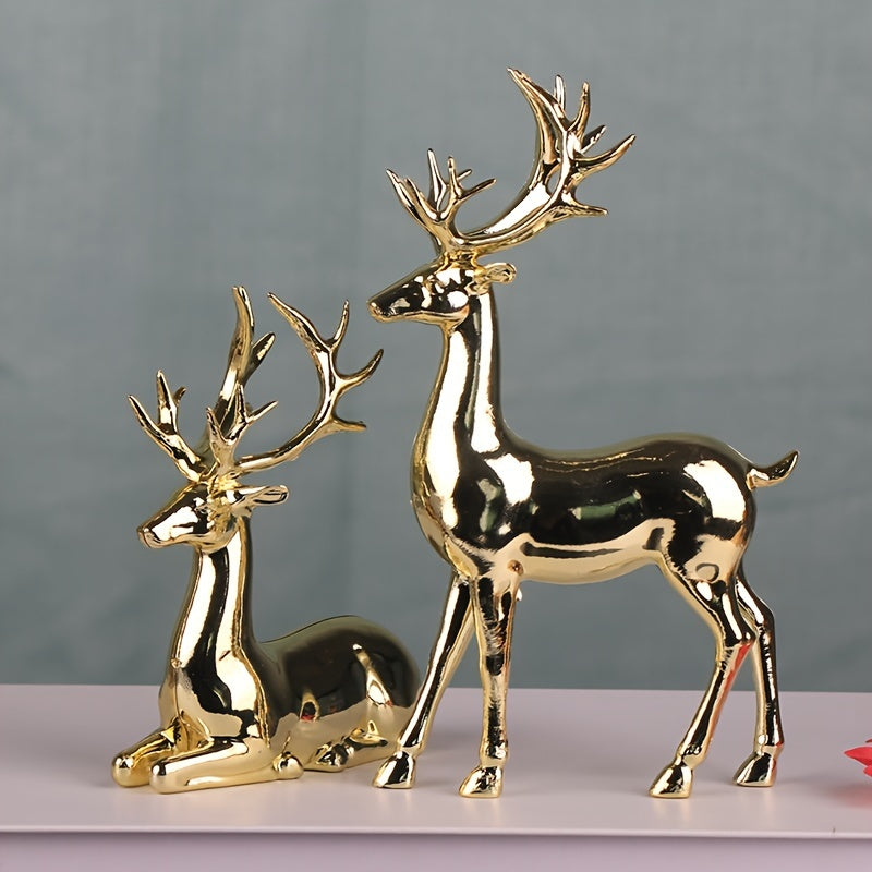 Gold Reindeer Figurines – Set of 2 Elegant Christmas Decorations for Home