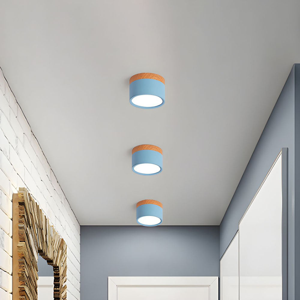 Modern Flush Mount Ceiling Light with Natural Wood Trim