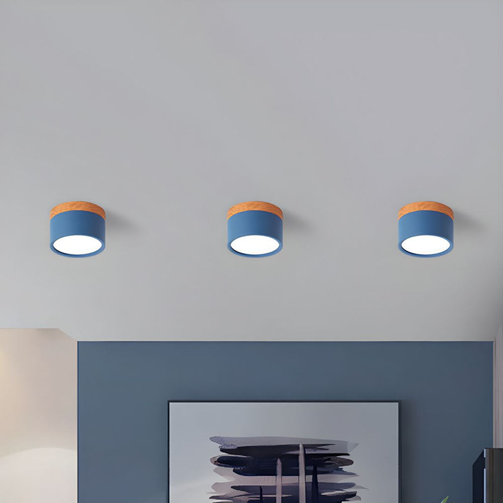 Modern Flush Mount Ceiling Light with Natural Wood Trim