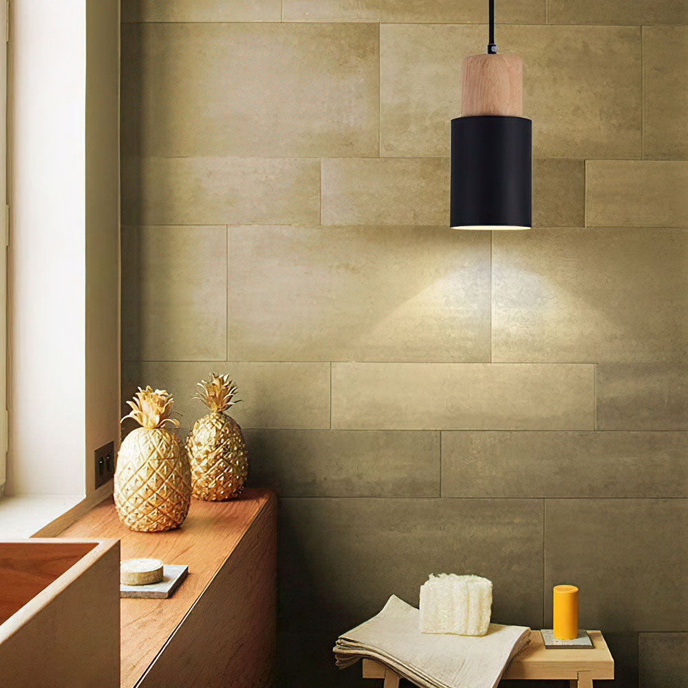 Black Wood Cylinder Pendant Light Modern Single