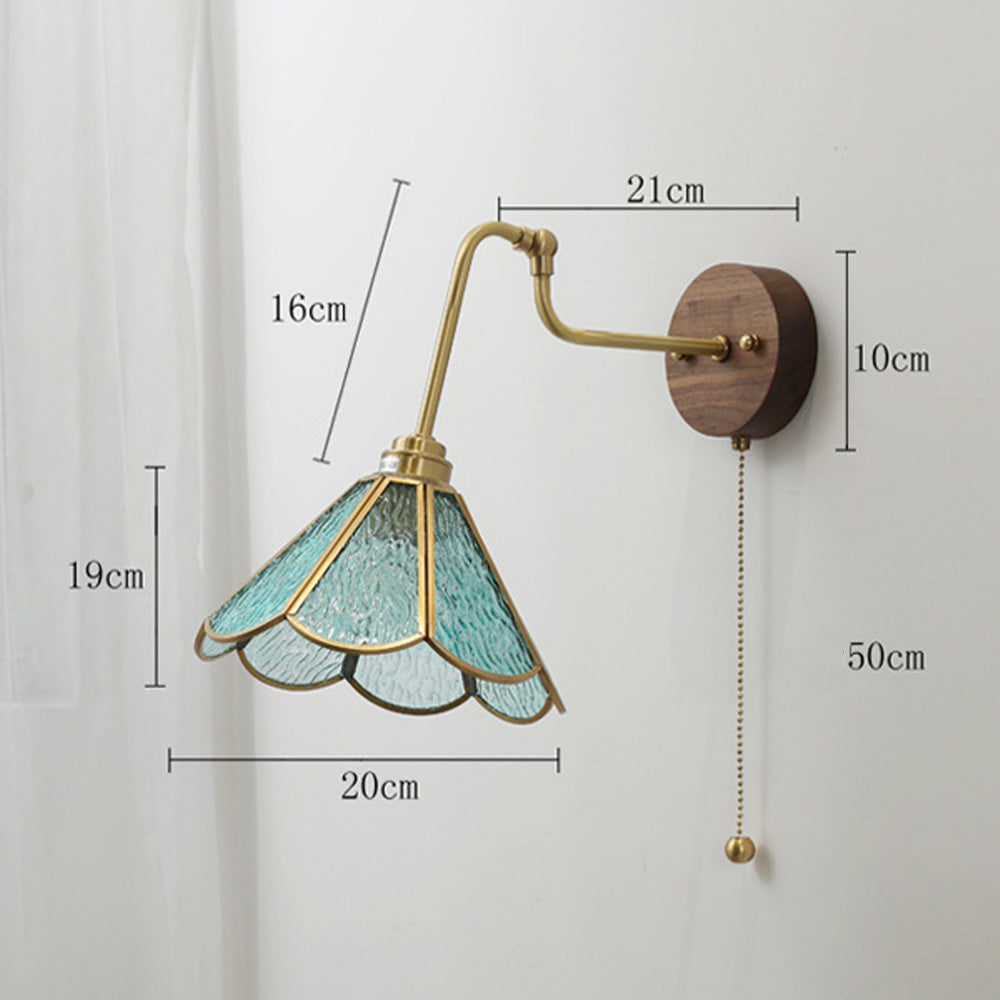 Vintage Brass & Glass Wall Sconce - Art Deco Fluted Shade w/ Pull Chain Switch