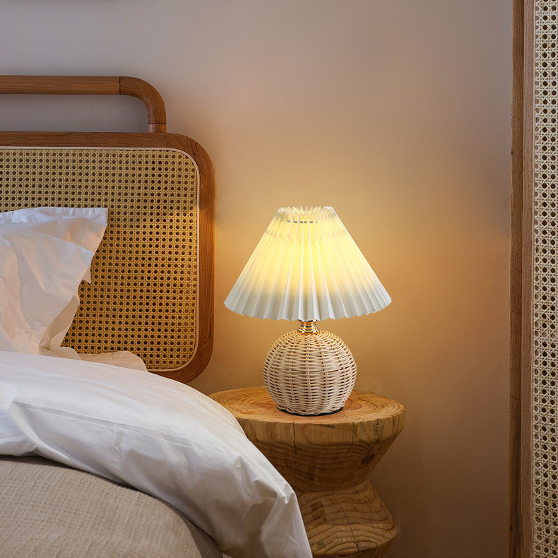 Nordic Rattan Table Lamp | Pleated Fabric Shade LED Bedside Lamp