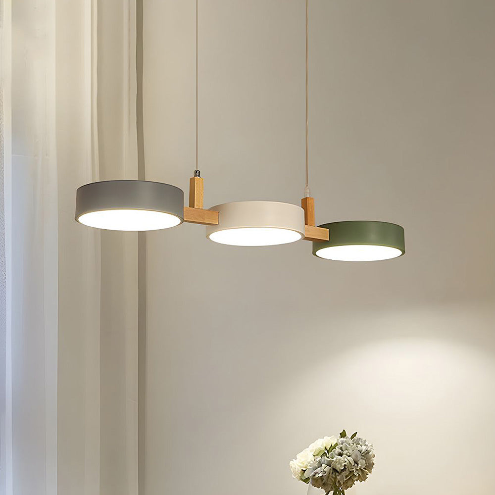 3-Light Modern Linear Pendant Fixture | Matte Gray Shades & Wood Accents