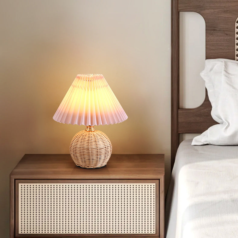 Nordic Rattan Table Lamp | Pleated Fabric Shade LED Bedside Lamp