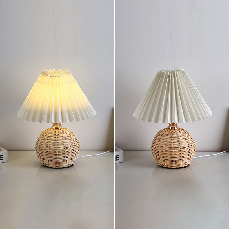 Nordic Rattan Table Lamp | Pleated Fabric Shade LED Bedside Lamp