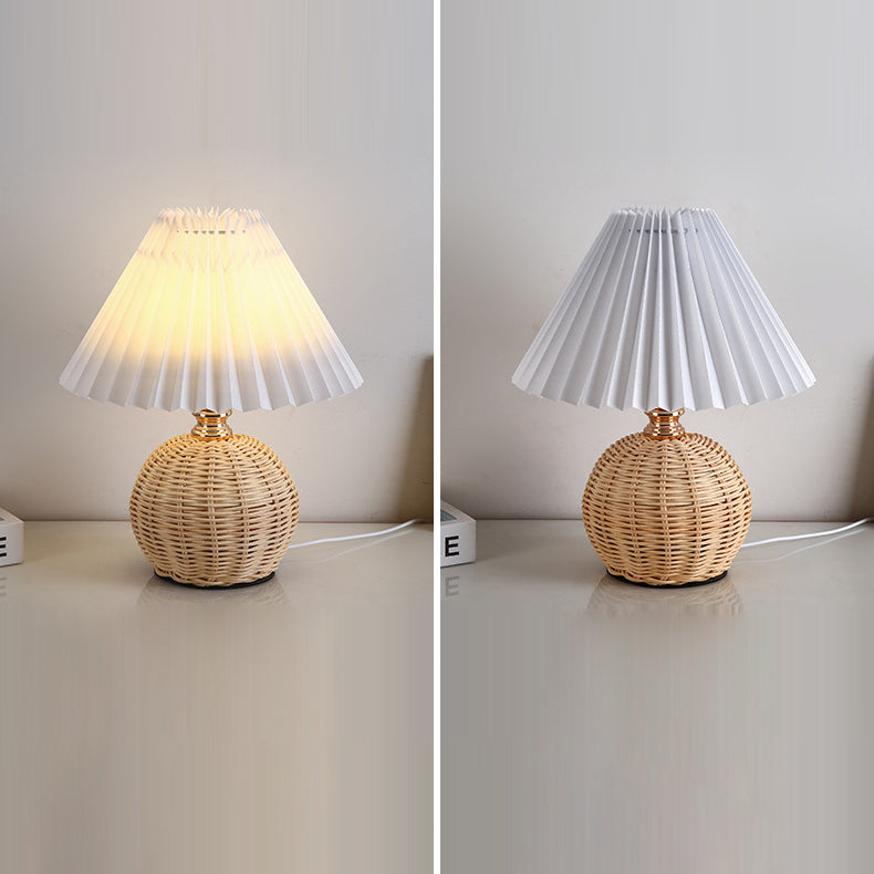 Nordic Rattan Table Lamp | Pleated Fabric Shade LED Bedside Lamp