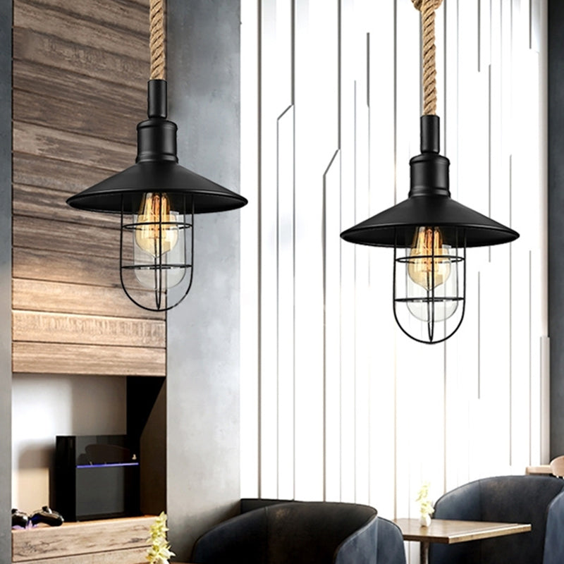 Farmhouse Pendant Light | Black Industrial Cage Ceiling Lamp with Hemp Rope Cord