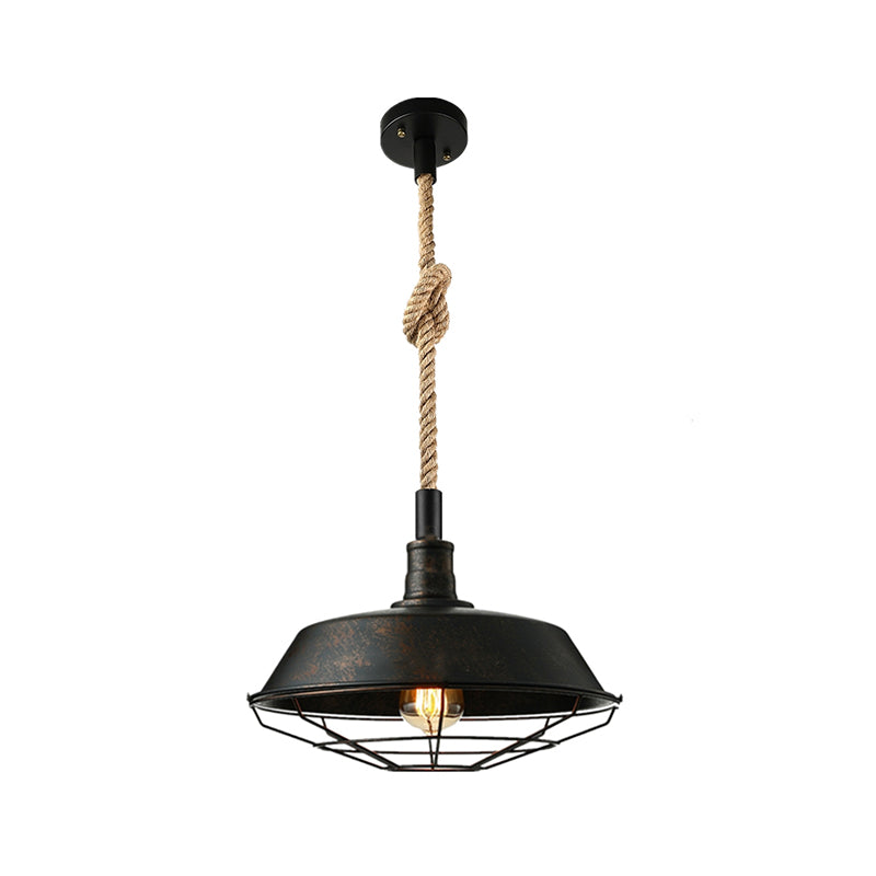 Farmhouse Pendant Light | Black Industrial Cage Ceiling Lamp with Hemp Rope Cord