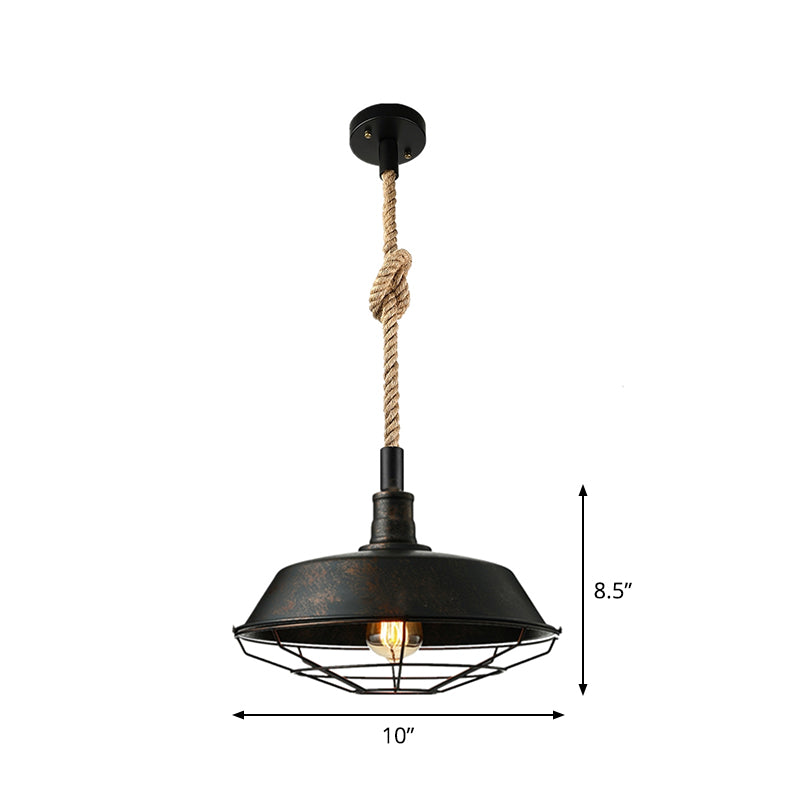 Farmhouse Pendant Light | Black Industrial Cage Ceiling Lamp with Hemp Rope Cord