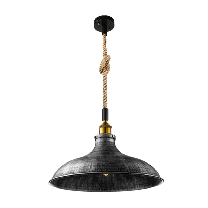 Farmhouse Pendant Light | Black Industrial Cage Ceiling Lamp with Hemp Rope Cord