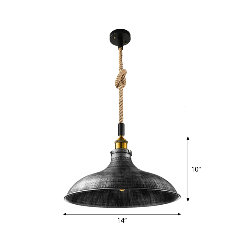 Farmhouse Pendant Light | Black Industrial Cage Ceiling Lamp with Hemp Rope Cord