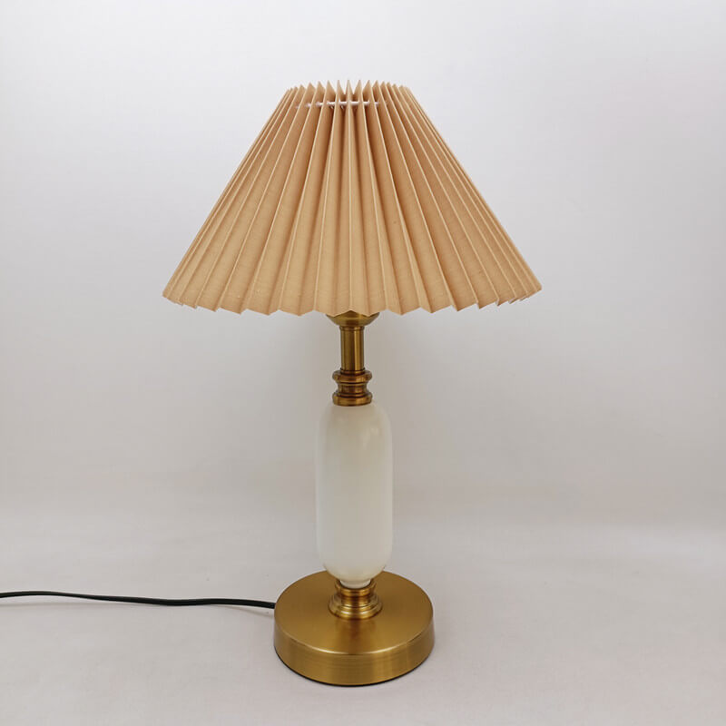 Retro Pleated Table Lamp with Black Shade | Vintage Brass Column Desk Lamp for Bedroom & Living Room