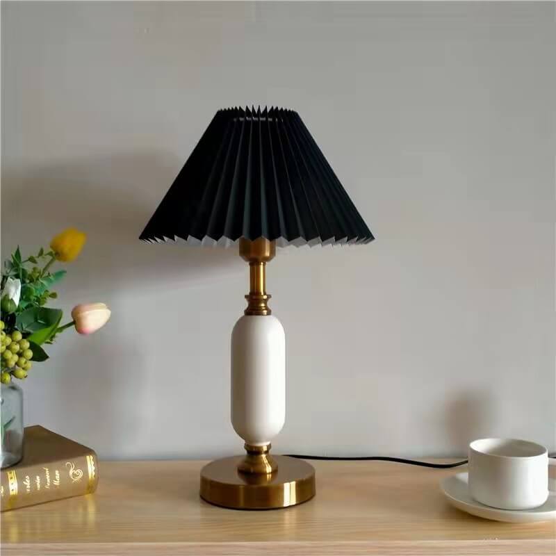 Retro Pleated Table Lamp with Black Shade | Vintage Brass Column Desk Lamp for Bedroom & Living Room