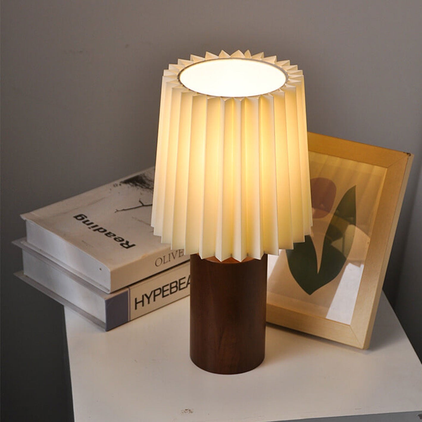 Vintage Pleated Table Lamp | Wooden Base Bedside Lamp